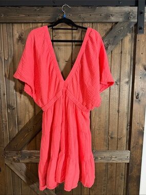 aerie  💯 Cotton Coral V-Neck Tiered Dress